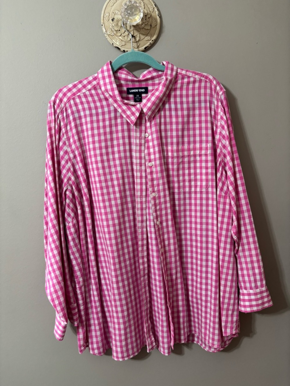 Lands' End Pink Gingham Button-Down Shirt